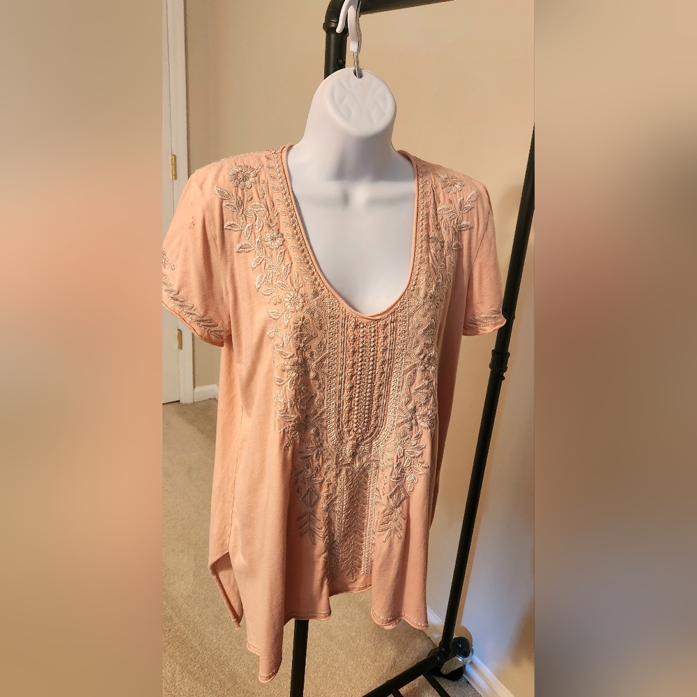 JOHNNY WAS top in peach  with tan embroidery